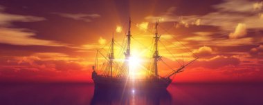 Eski gemi günbatımında deniz 3D resimleme