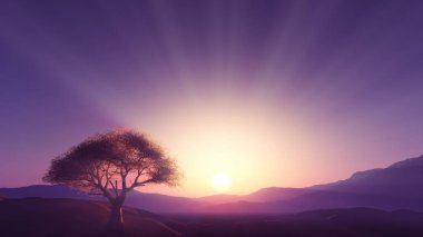 Çayırda gün batımı ve yalnız ağaç, üç boyutlu resimleme