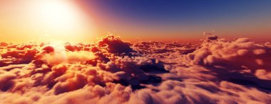 Bulutların üzerinde günbatımı güneş ışığı illüstrasyonu, 3 boyutlu görüntüleme