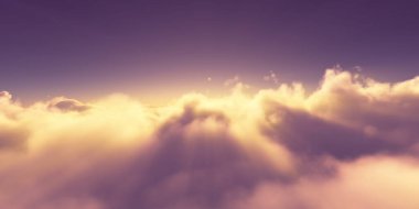 Bulutların üzerinde gün doğumu güneş ışığı çizimi, 3 boyutlu görüntüleme