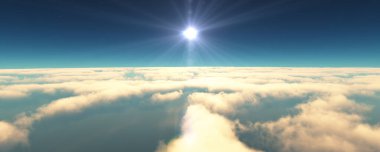 Bulutların üzerinde uç günbatımı manzarası. 3d resimleme