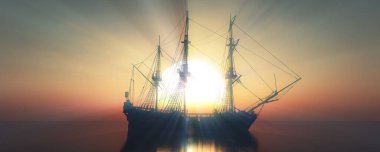 Eski gemi günbatımında deniz 3D resimleme