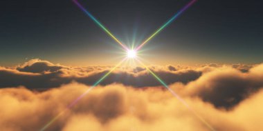 Bulutların üzerinde gün doğumu güneş ışığı çizimi, 3 boyutlu görüntüleme