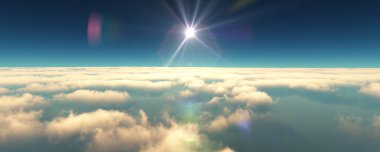 Bulutların üzerinde uç günbatımı manzarası. 3d resimleme