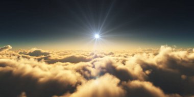 Bulutların üzerinde gün doğumu güneş ışığı çizimi, 3 boyutlu görüntüleme