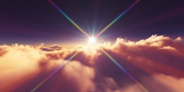 Bulutların üzerinde gün doğumu güneş ışığı çizimi, 3 boyutlu görüntüleme