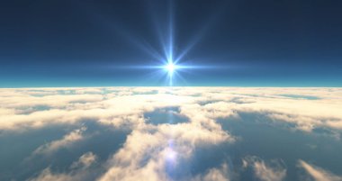 Bulutların üzerinde uç günbatımı manzarası. 3d resimleme