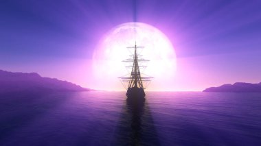 Denizde eski bir gemi dolunay çizimi 3D