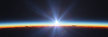 Bulutlu okyanus üzerinden Dünya 'nın doğuşu. 3d resimleme