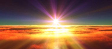 Bulutların üzerinde günbatımı güneş ışığı illüstrasyonu, 3 boyutlu görüntüleme