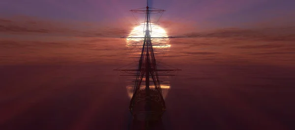 old ship sunset at sea 3d rendering illustration