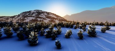 Kış Ormanı 'nın tepesinde gün batımı 3 boyutlu resimleme