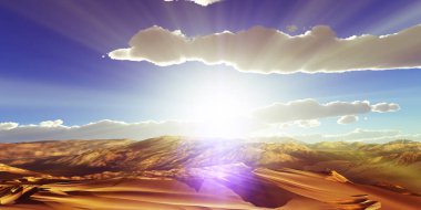 Çölde kum tepeleri batıyor. 3d resimleme