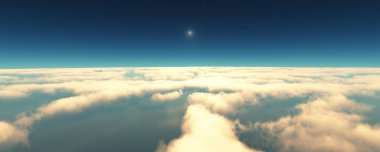 Bulutların üzerinde uç günbatımı manzarası. 3d resimleme