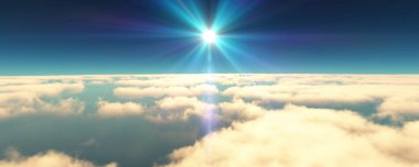 Bulutların üzerinde uç günbatımı manzarası. 3d resimleme