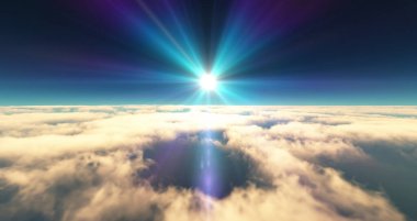 Bulutların üzerinde uç günbatımı manzarası. 3d resimleme