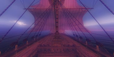 Eski gemi günbatımında deniz 3D resimleme