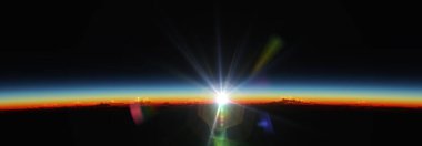 Bulutlu okyanus üzerinden Dünya 'nın doğuşu. 3d resimleme