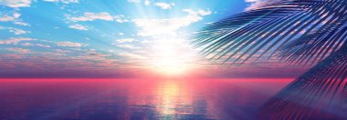 Gün batımı deniz palmiyesi çizimi, 3D görüntüleme