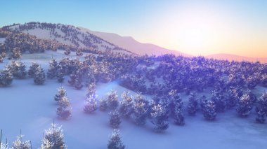 Kış Ormanı 'nın tepesinde gün batımı 3 boyutlu resimleme