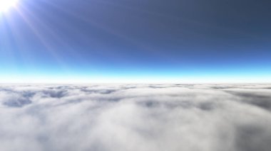 Bulutların üzerinde güneş ışınları, 3 boyutlu resimleme