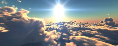 Bulutların üzerinde günbatımı güneş ışığı illüstrasyonu, 3 boyutlu görüntüleme