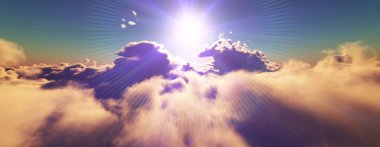 Bulutların üzerinde günbatımı güneş ışığı illüstrasyonu, 3 boyutlu görüntüleme