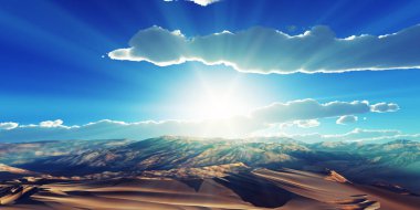 Çölde kum tepeleri batıyor. 3d resimleme