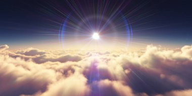 Bulutların üzerinde gün doğumu güneş ışığı çizimi, 3 boyutlu görüntüleme