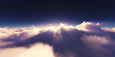 Bulutların üzerinde gün doğumu güneş ışığı çizimi, 3 boyutlu görüntüleme