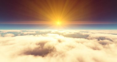 Bulutların üzerinde uç günbatımı manzarası. 3d resimleme