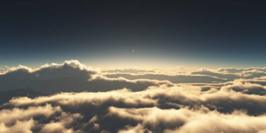 Bulutların üzerinde gün doğumu güneş ışığı çizimi, 3 boyutlu görüntüleme