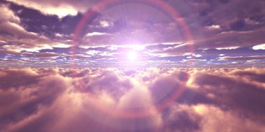 Bulutların üzerinde günbatımı güneş ışığı illüstrasyonu, 3 boyutlu görüntüleme