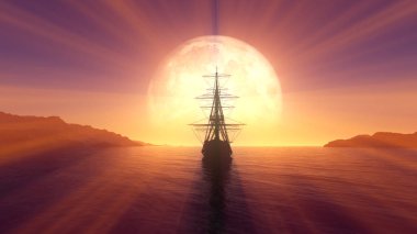 Denizde eski bir gemi dolunay çizimi 3D