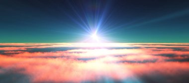 Bulutların üzerinde günbatımı güneş ışığı illüstrasyonu, 3 boyutlu görüntüleme