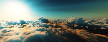 Bulutların üzerinde günbatımı güneş ışığı illüstrasyonu, 3 boyutlu görüntüleme