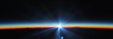 Bulutlu okyanus üzerinden Dünya 'nın doğuşu. 3d resimleme