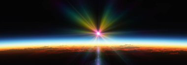 Bulutlu okyanus üzerinden Dünya 'nın doğuşu. 3d resimleme