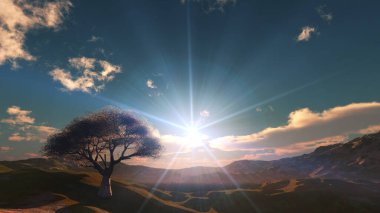 Çayırda gün batımı ve yalnız ağaç, üç boyutlu resimleme