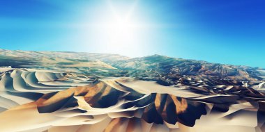 Çölde kum tepeleri batıyor. 3d resimleme