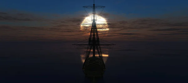 old ship sunset at sea 3d rendering illustration