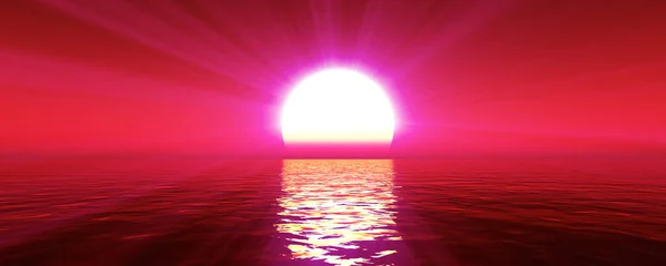 sunset sea sun ray clear sky, 3d rendering illustration