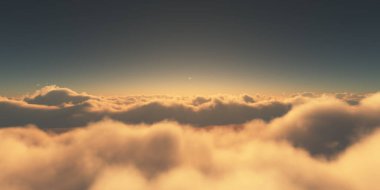 Bulutların üzerinde gün doğumu güneş ışığı çizimi, 3 boyutlu görüntüleme