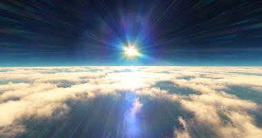 Bulutların üzerinde uç günbatımı manzarası. 3d resimleme