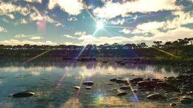 Tropikal gölün üzerinde güzel bir günbatımı, illüstrasyon 3D