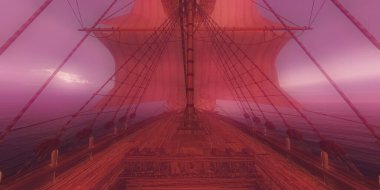 Eski gemi günbatımında deniz 3D resimleme