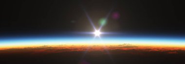 Bulutlu okyanus üzerinden Dünya 'nın doğuşu. 3d resimleme