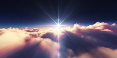 Bulutların üzerinde gün doğumu güneş ışığı çizimi, 3 boyutlu görüntüleme