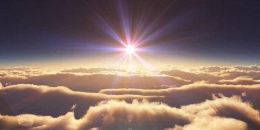 Bulutların üzerinde gün doğumu güneş ışığı çizimi, 3 boyutlu görüntüleme