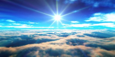 Bulutların üzerinde günbatımı güneş ışığı illüstrasyonu, 3 boyutlu görüntüleme